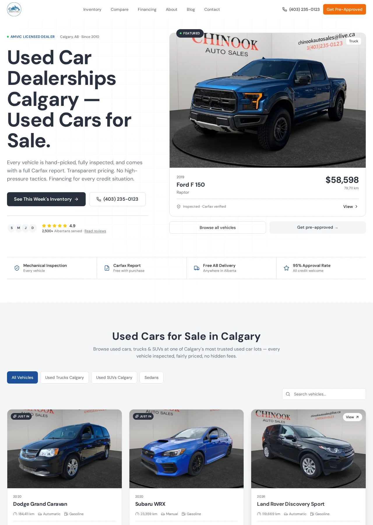 Page d’accueil pour ordinateur conçue et développée pour Chinook Auto Sales