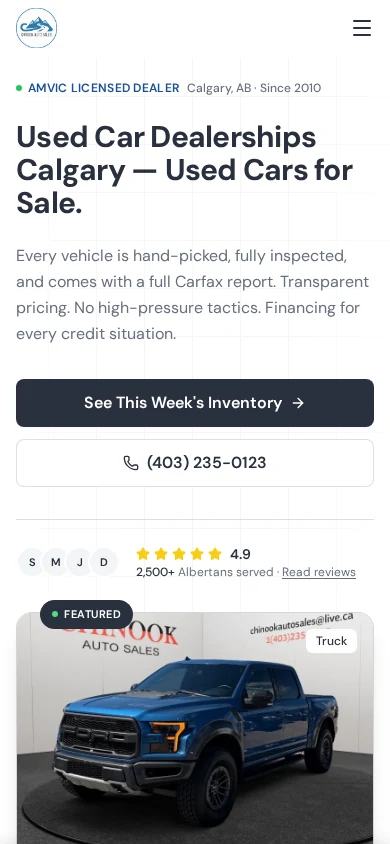 Page d’accueil pour cellulaire conçue et développée pour Chinook Auto Sales