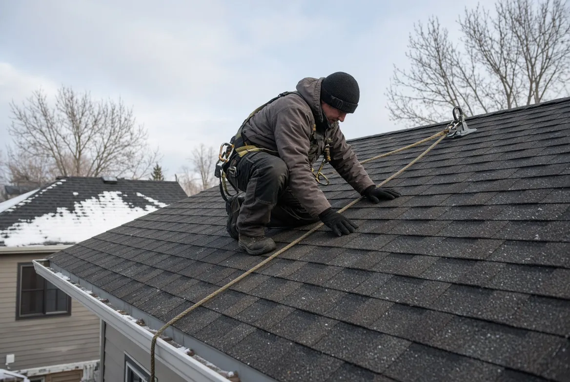 A roofer in a harness working on a shingle roof in winter