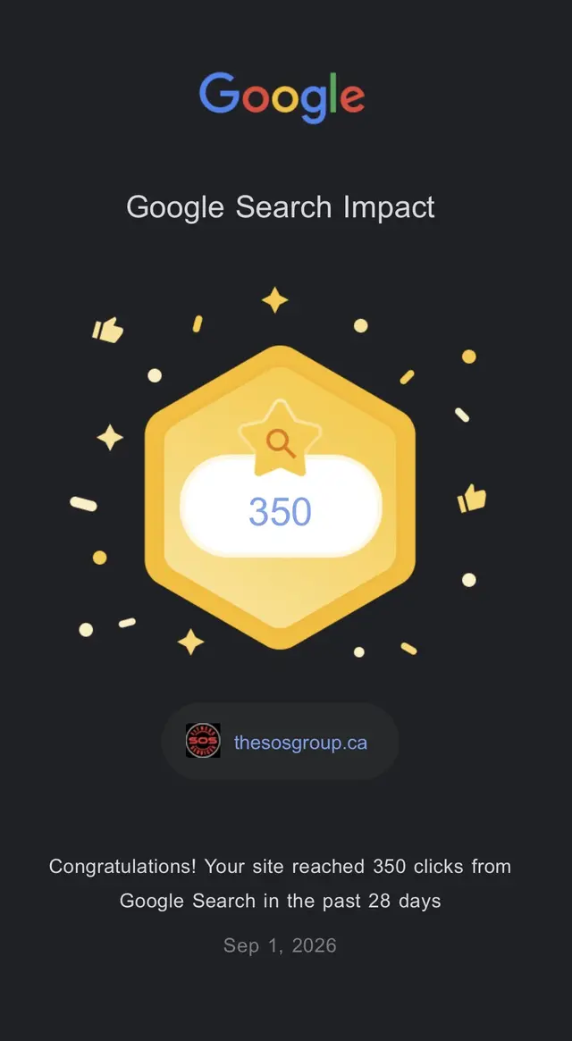 Google Search Console notice: thesosgroup.ca reached 350 clicks from Google Search in the past 28 days, September 1, 2026